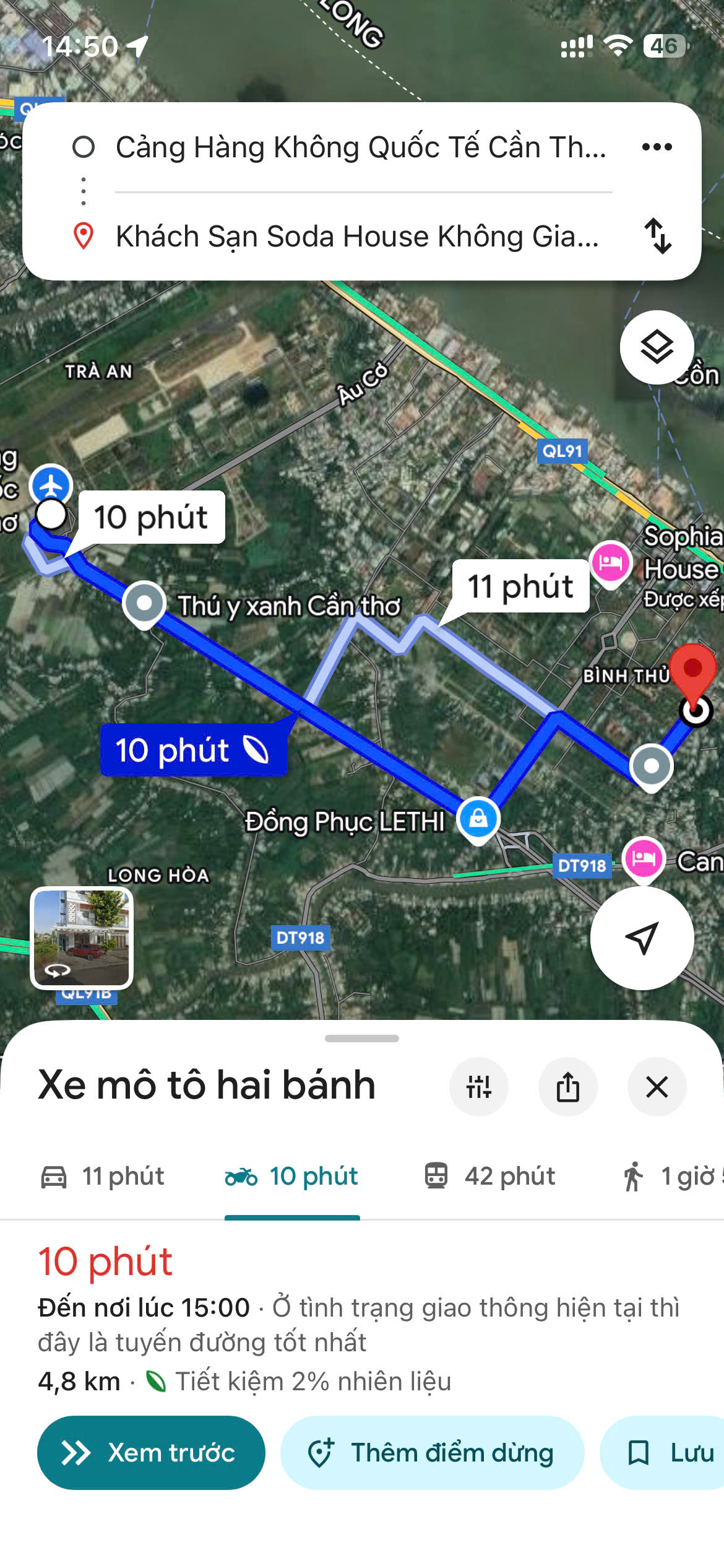đường google map từ khách sạn gần sân bay cần thơ đi xe máy
