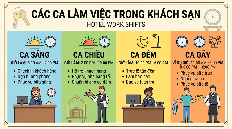 Minh hoạ typograpihc các ca làm việc trong khách sạn